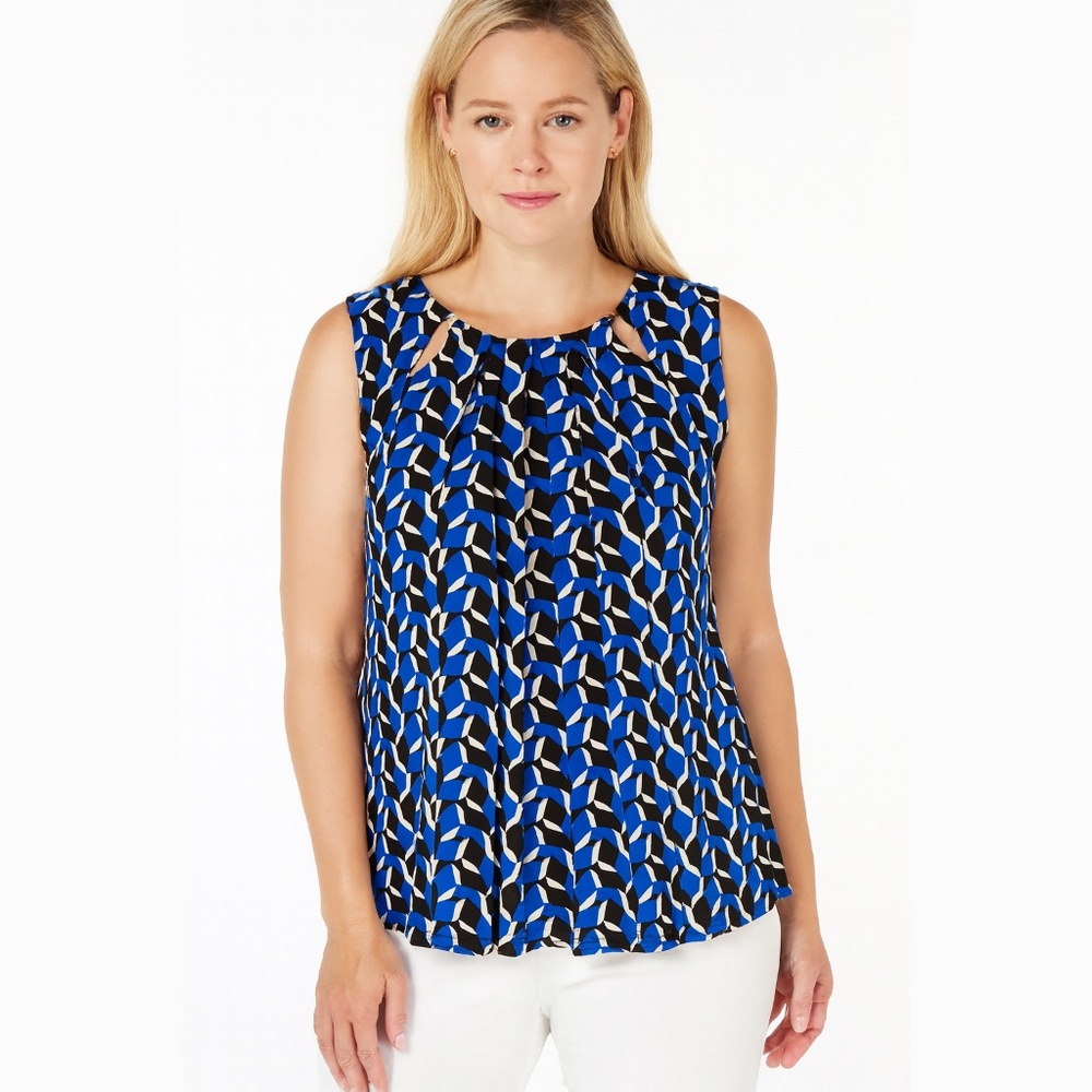 Tommy Hilfiger Geometric Blue/Black/White Sleeveless Career Blouse Size Large